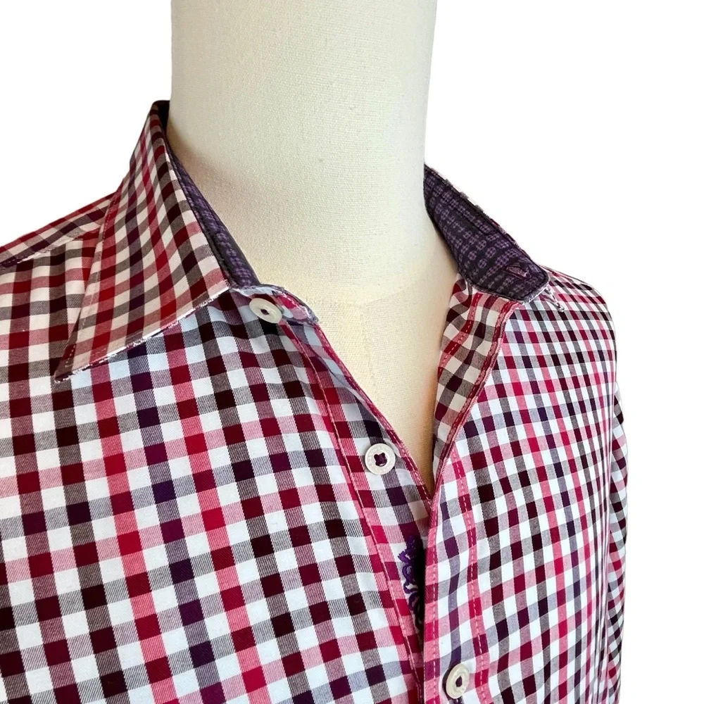 ROBERT GRAHAM Red Checked Gingham Shirt Men's Sz L‎ Fold Back Cuffs Long Sleeve - Picture 6 of 14